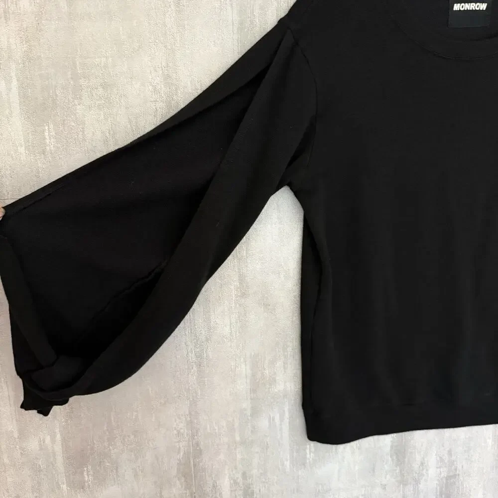 Monrow Sweatshirt Women XS Open Sleeve Pullover Black USA Soft Stretch Crew Neck